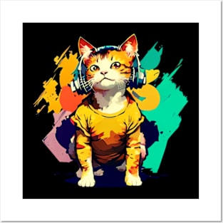 cat with headphone Posters and Art